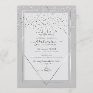 Elegant Grey Silver Confetti Border Graduation Invitation