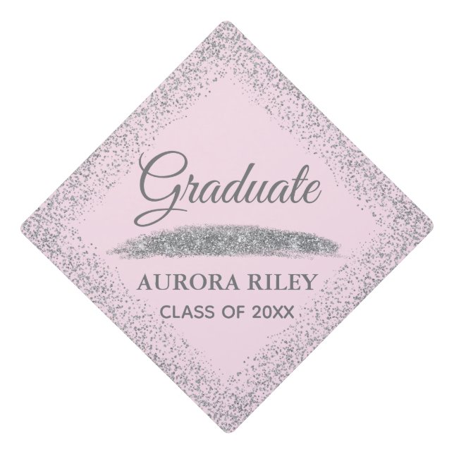 Elegant Grey Silver Glitter Blush Pink Graduation Graduation Cap Topper (Front)