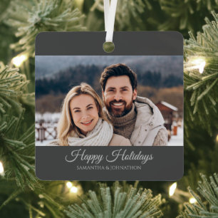 Elegant Grey Silver Happy Holidays Christmas Photo Metal Ornament