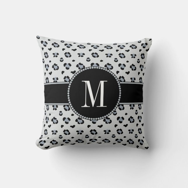 Elegant Grey Snow Leopard Silver Monogram Throw Pillow (Front)