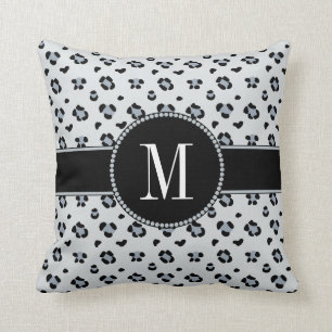 Elegant Grey Snow Leopard Silver Monogram Throw Pillow