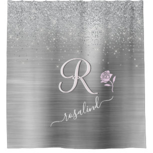 Elegant Grey Sparkle Custom Monogram Pink Rose 