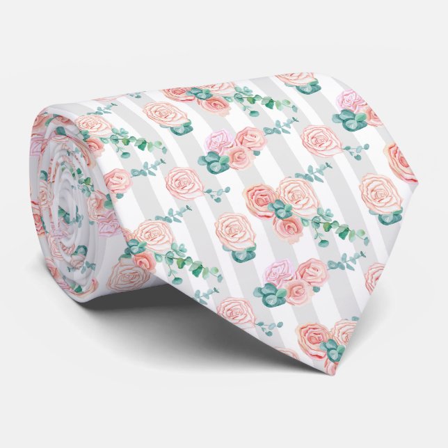 Elegant Grey Striped Floral Tie (Rolled)