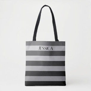 Elegant Grey Striped Pattern Name Tote Bag