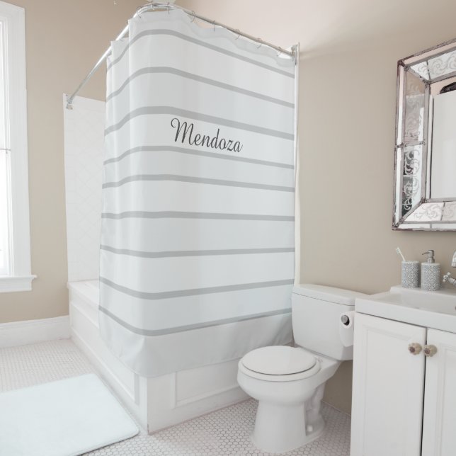 Elegant Grey Stripes, Family Name Shower Curtain (In Situ)