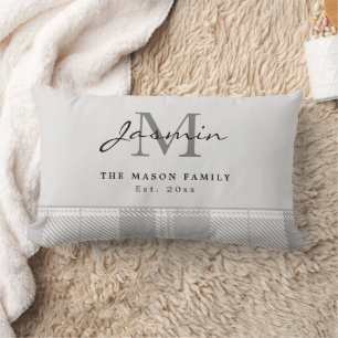 Elegant Grey Tartan Plaid Family Monogram Lumbar Pillow