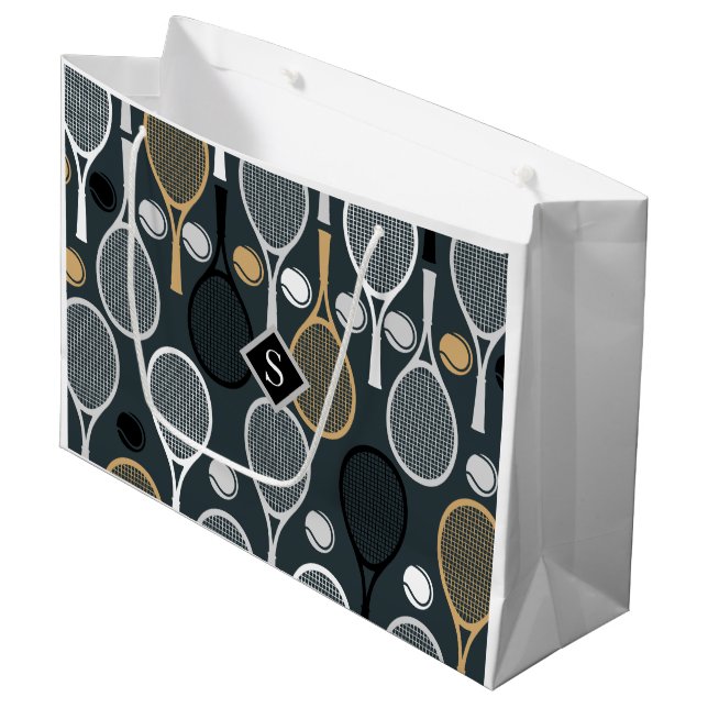 Elegant Grey Tennis Racket Ball Pattern & Initial Large Gift Bag (Front Angled)