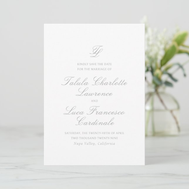 Elegant Grey Traditional Wedding Save The Date (Standing Front)