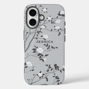 Elegant Grey Tree Blossom Art Personalised iPhone 16 Case