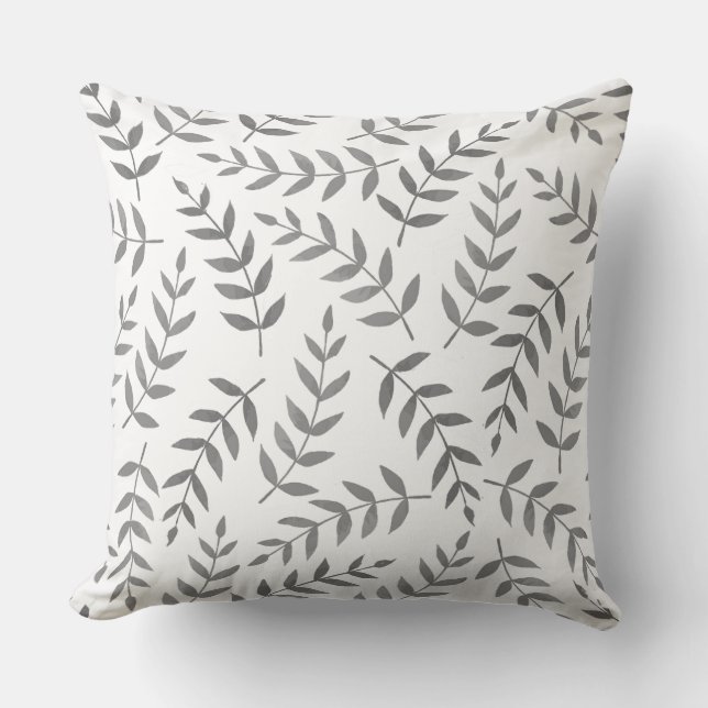 Elegant Grey Tropical Leaves on White Throw Pillow (Front)