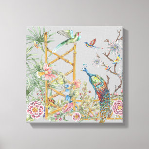Elegant Grey Tropical Peacock Asian Floral Pretty Canvas Print