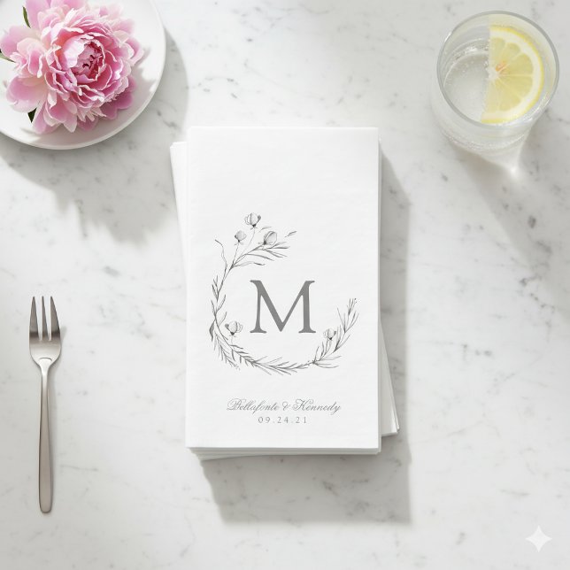 Elegant Grey White Botanical Wreath Wedding Napkin (Elegant Gray White Botanical Wreath Wedding Paper Guest Towels)