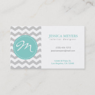 Elegant grey & white Chevron with Monogram Business Card