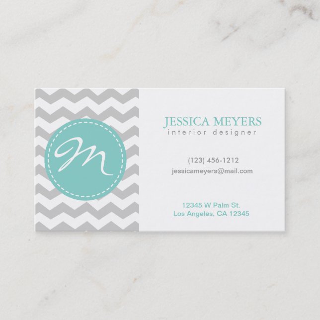 Elegant grey & white Chevron with Monogram Business Card (Front)