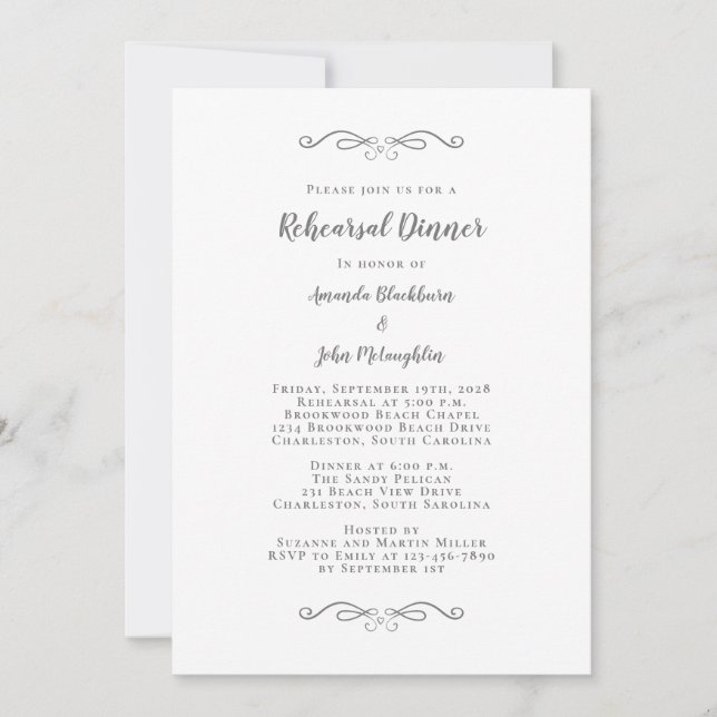 Elegant Grey & White Chic Wedding Rehearsal Dinner Invitation (Front)