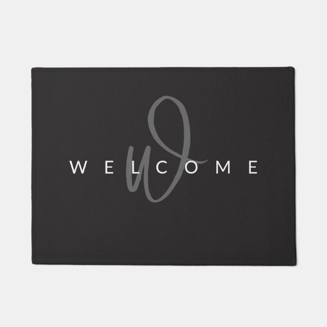 Elegant Grey White Custom Monogram Script Name Doormat (Front)