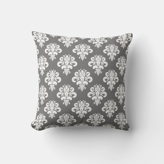 Elegant Grey White Damask Throw Pillow (Front)