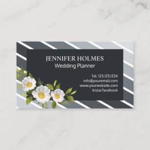 Elegant Grey White Diagonal Stripes Floral Business Card