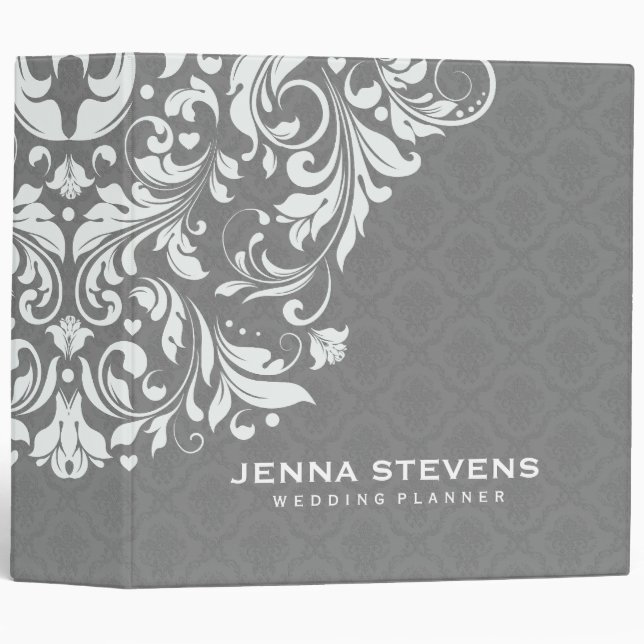 Elegant Grey & White Floral Vintage Damasks Binder (Front/Spine)
