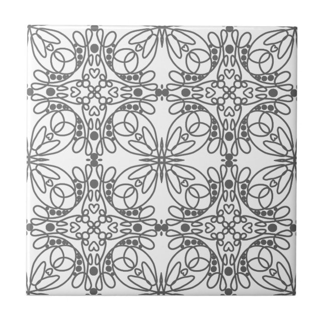Elegant Grey White Line Art Floral Heart Look Tile (Front)