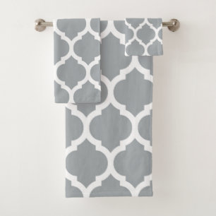 Elegant Grey White Moroccan Quatrefoil Pattern Bath Towel Set