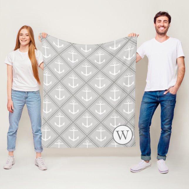 Elegant Grey & White Nautical Anchors | Monogram Fleece Blanket (In Situ)