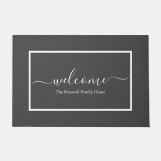 Elegant grey white script family name welcome door doormat