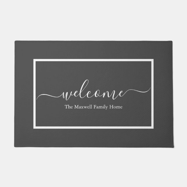 Elegant grey white script family name welcome door doormat (Front)