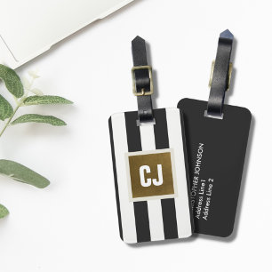 Elegant Grey White Stripes Faux Copper Monogram Luggage Tag