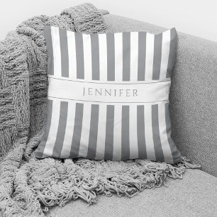 Elegant Grey & White Stripes Pattern Name Throw Pillow