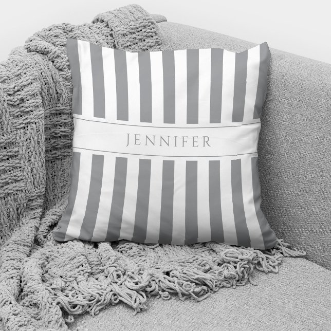 Elegant Grey & White Stripes Pattern Name Throw Pillow (Creator Uploaded)