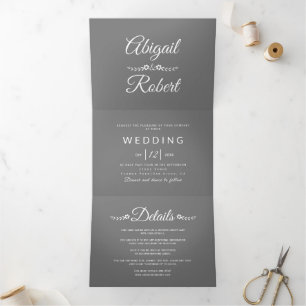 Elegant grey, white typography photo wedding Tri-Fold invitation