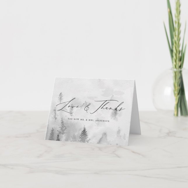Elegant Grey Winter Forest Love & Thanks Wedding Thank You Card (Front)