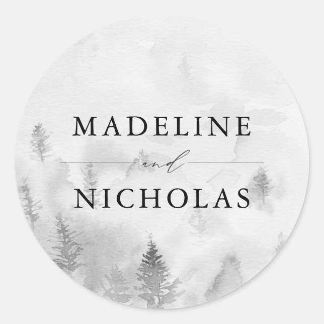 Elegant Grey Winter Forest Personalized Wedding Classic Round Sticker (Front)
