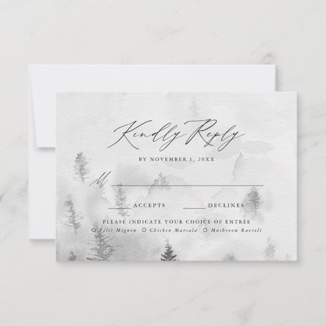 Elegant Grey Winter Forest Wedding Meal Choice RSVP Card (Front)