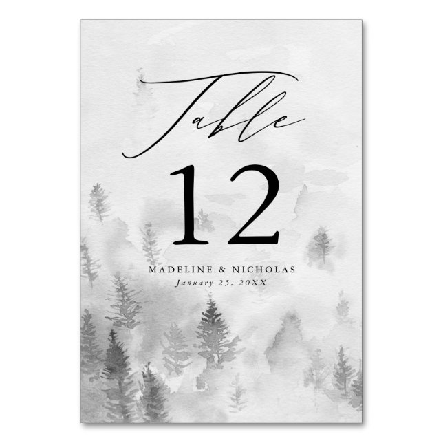 Elegant Grey Winter Forest Wedding Table Number (Front)