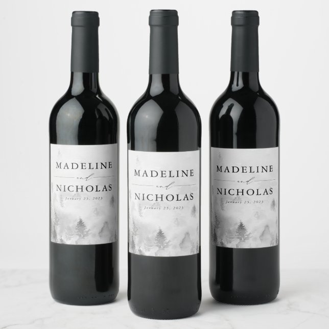 Elegant Grey Winter Forest Wedding Wine Label (Bottles)
