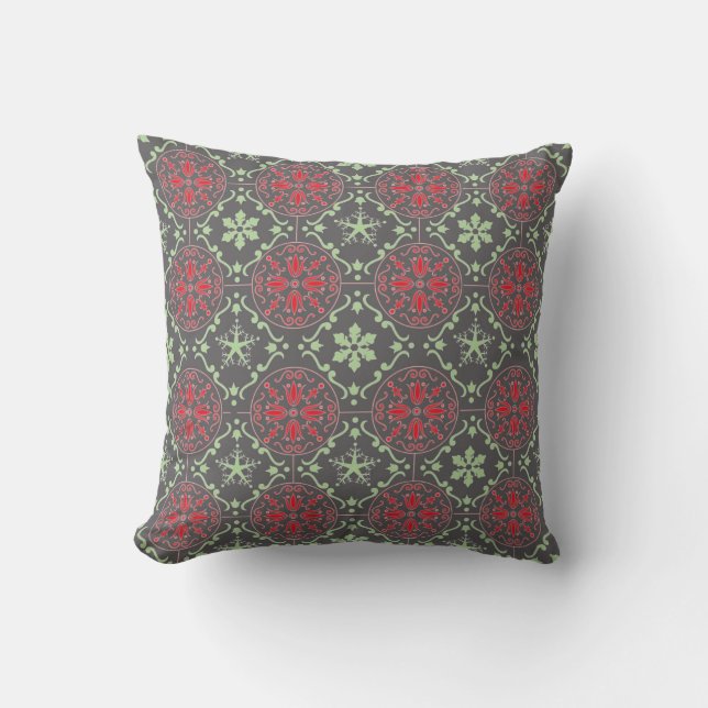 Elegant Grey Winter Nordic Snowflake Pattern Throw Pillow (Front)