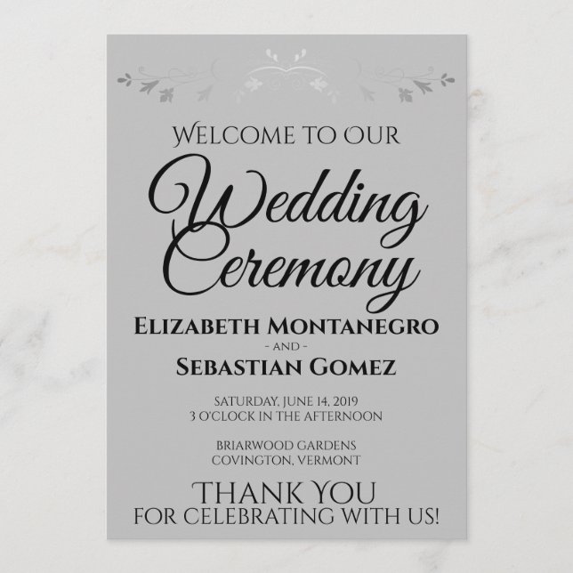 Elegant Grey with Silver Flourish Wedding Program (Front)