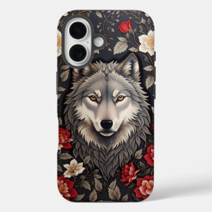 Elegant Grey Wolf Floral iPhone 16 Case