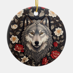 Elegant Grey Wolf Floral Ceramic Ornament