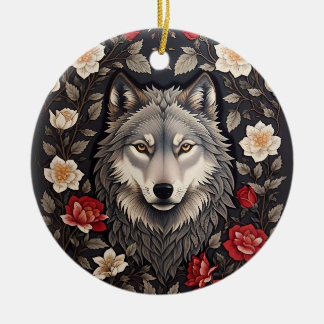Elegant Grey Wolf Floral Ceramic Ornament (Front)