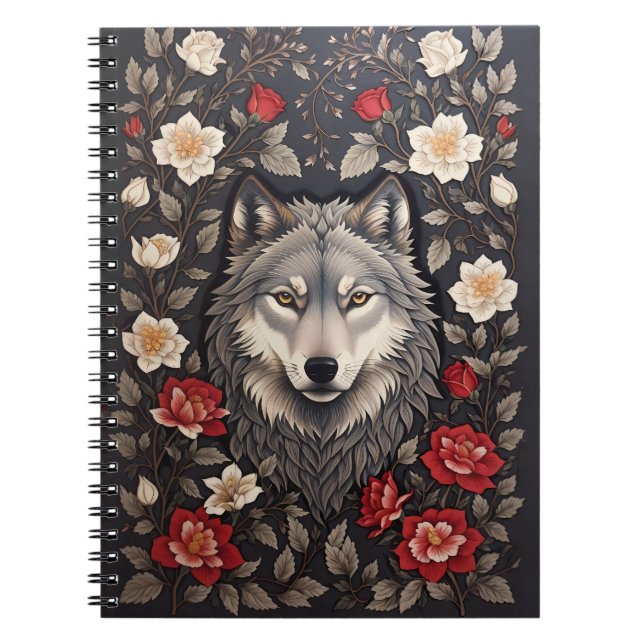 Elegant Grey Wolf Floral Notebook (Front)