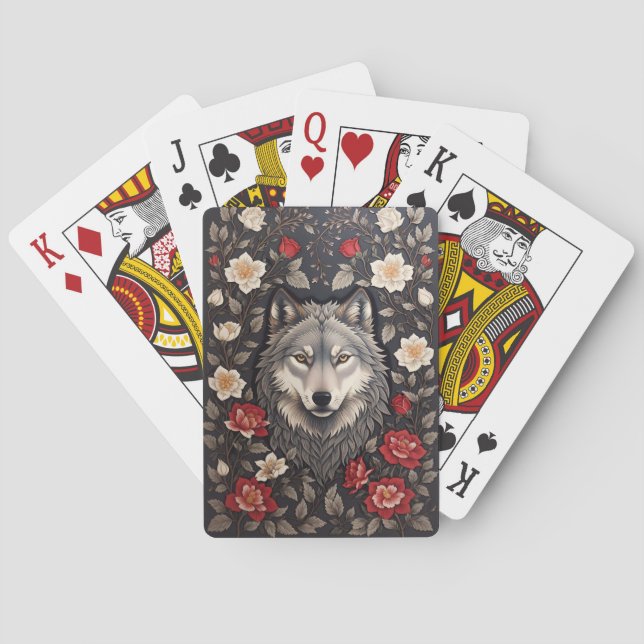 Elegant Grey Wolf Floral Playing Cards (Back)