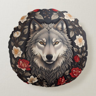 Elegant Grey Wolf Floral Round Pillow
