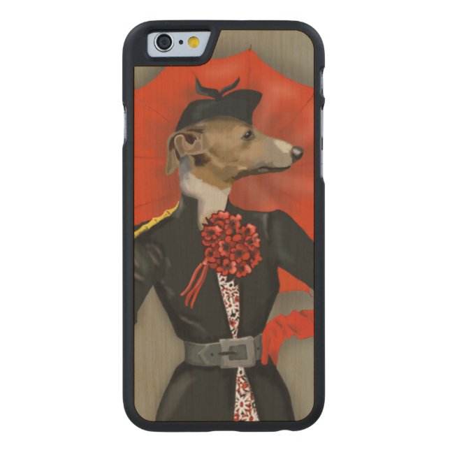 Elegant Greyhound and Red Umbrella Carved Wood iPhone Case (Back)