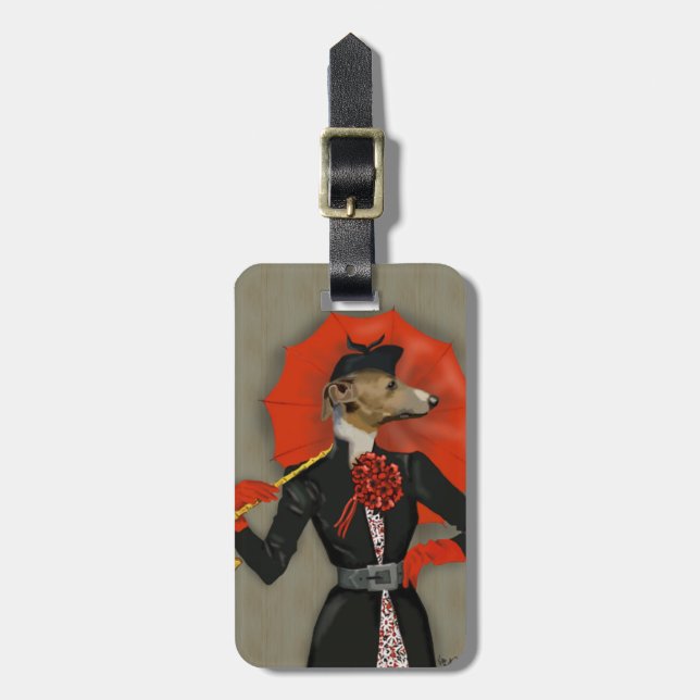 Elegant Greyhound and Red Umbrella Luggage Tag (Front Vertical)