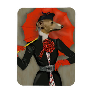 Elegant Greyhound and Red Umbrella Magnet