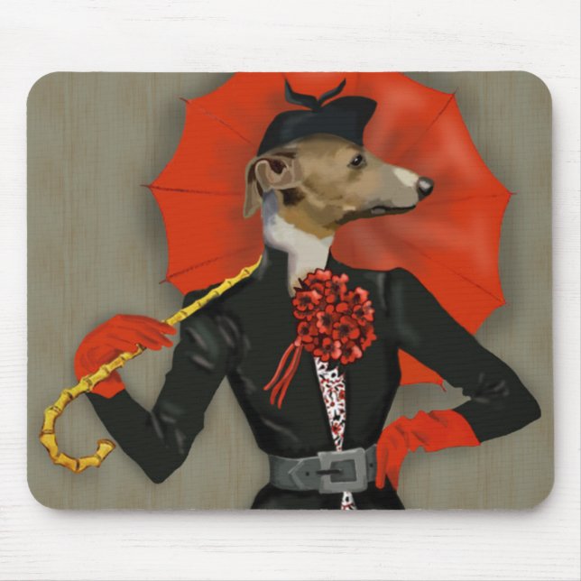 Elegant Greyhound and Red Umbrella Mouse Pad (Front)