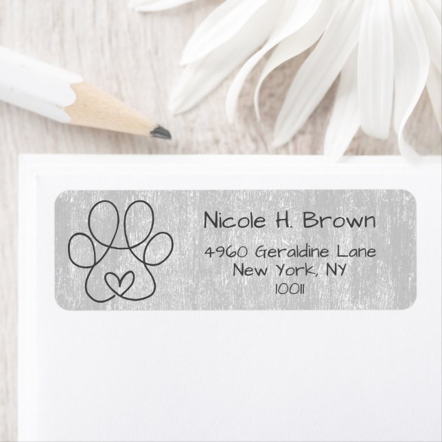 Élégant gris argenté Paw avec coeur Adresse de ret (En situation)